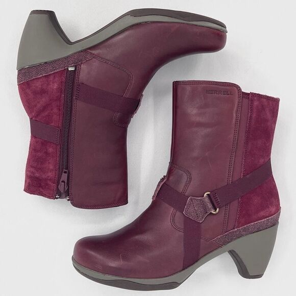 Merrell Evera Fade Wine Burgundy Suede Leather Zip Block Heel Ankle Booties 7.5 - Picture 4 of 12